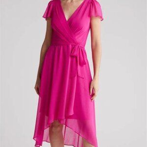 DKNY Flutter Sleeve Faux Wrap Midi Dress - Power Pink - Size 12